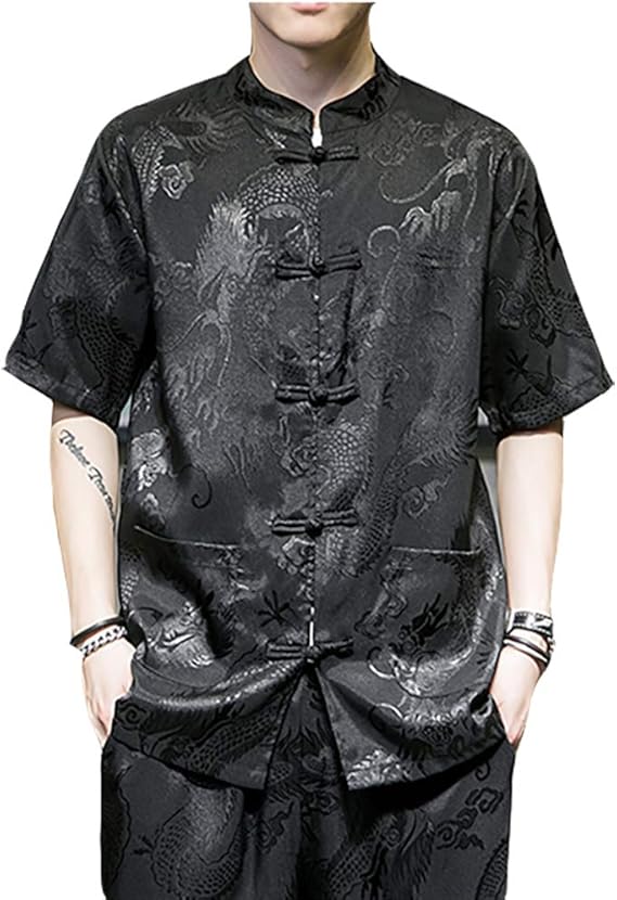 Amazon Yemocile 龍刺繍 シャツ チャイナ服 トップス 上着 薄手 半袖 太極拳服 演舞 武術 カンフー 中華服 男女兼用 大きいサイズ メンズ ゆったり レディース シャツ 通販