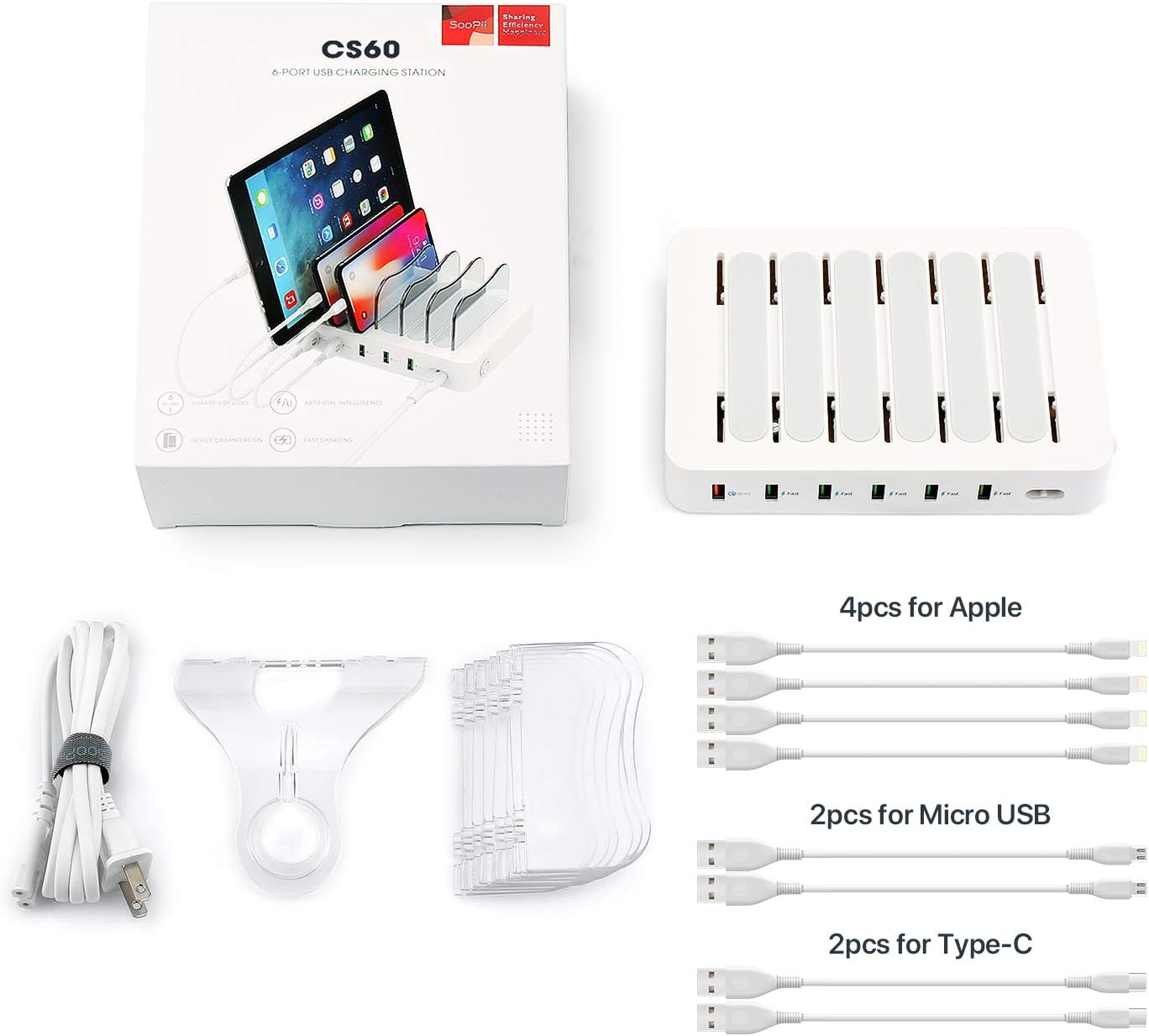 Soopii Quick Charge 3.0 60W/12A 6-Port USB Charging Station for Multiple Devices, 8 Short Charging Cables Included, I Watch Charger Holder,for Phones, Tablets, and Other Electronics,White