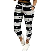 WDIRARA Women's Star Striped Sweatpants Color Block Drawstring Waist Athletic Cropped Jogger Pants