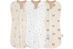 SANDJEST Baby Swaddle 0-2 Months, Cotton Arm-In Zipper Sleep Sack, Wearable Blankets Wrap for Newborn Infant Girls, Boys (Animal, Star Moon, Bear, Pack of 3)
