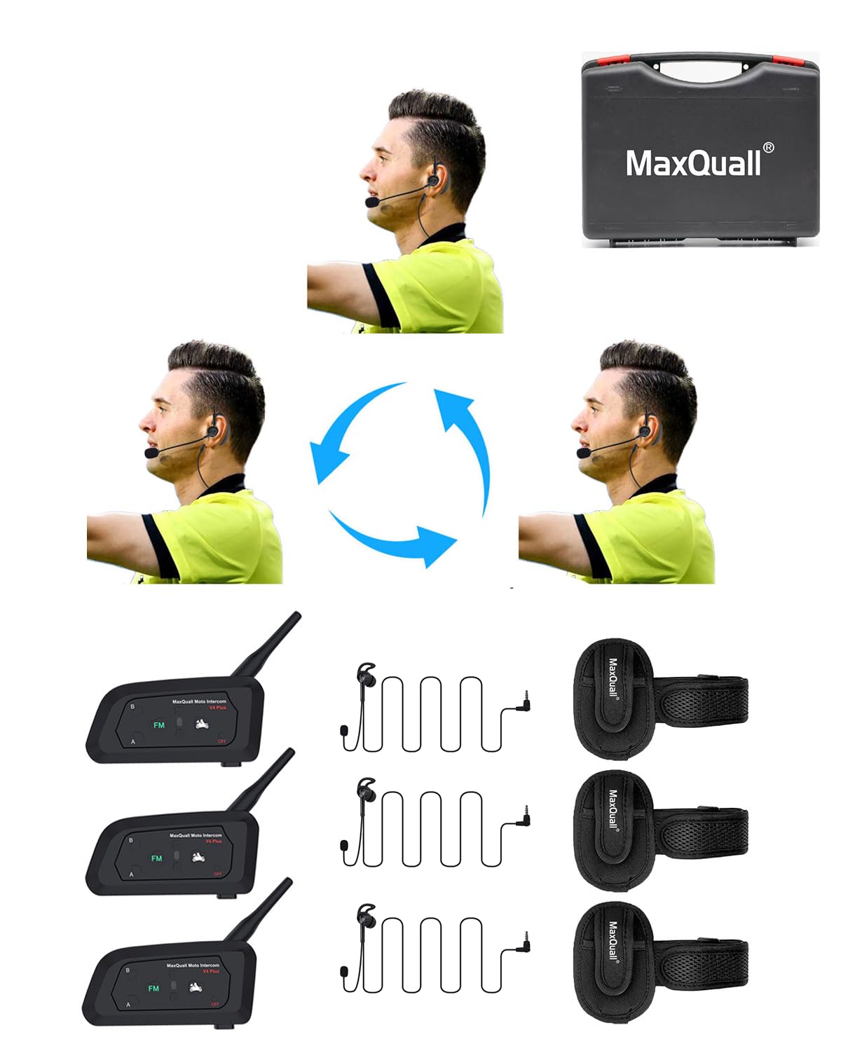 Photo 1 of Maxquall Referee Headsets, Referee Communication System Sets 3 Person Full Duplex Wireless Bluetooth Intercom Headsets for Official Volleyball Football Soccer Handball Coach (3V4(L Earphone))