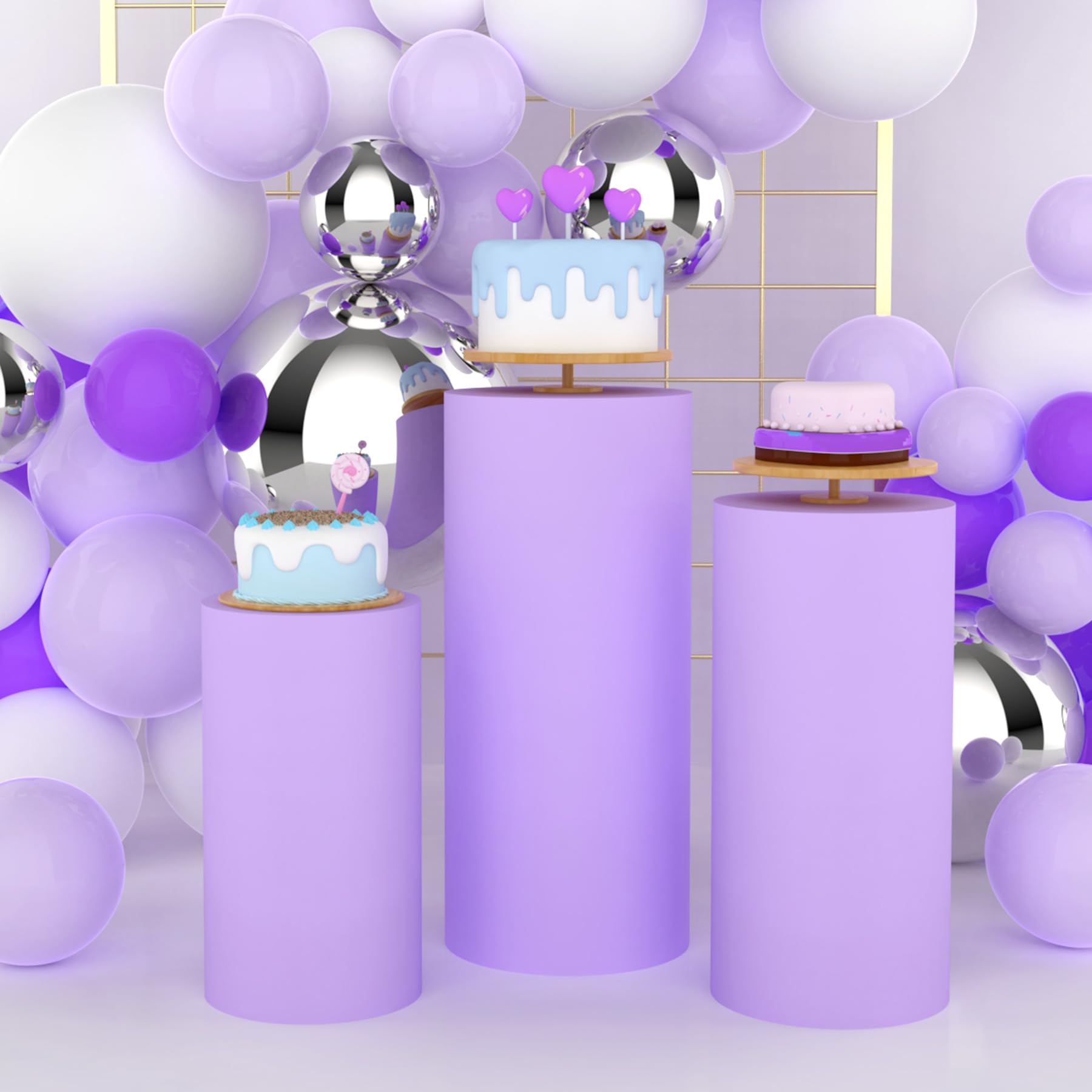 Photo 1 of Babenest Purple Cylinder Pedestal Stand Covers Set of 3, Spandex Vintage Fitted Round Pedestal Covers, Elastic Cloth Pillar Plinth Cover for Birthday Wedding Party Reception Decoration(Without Stands)