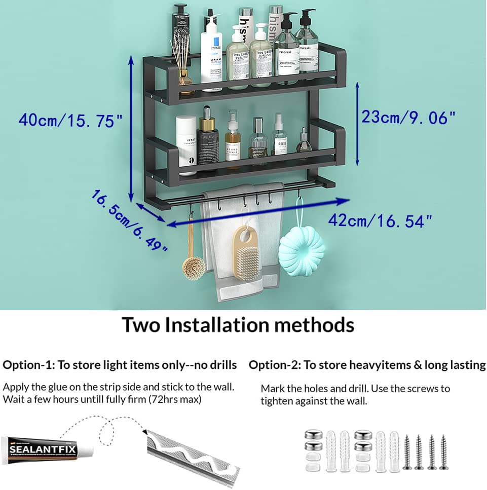 Spice Rack Organizer Wall Mounted 2 Tier, Floating Shelves Black, Wall Shelf for Bedroom, Wall Decor, Living Room, Kitchen Storage, Bathroom Shelves Over Toilet with Towel Rack Guardrail Holder Hook