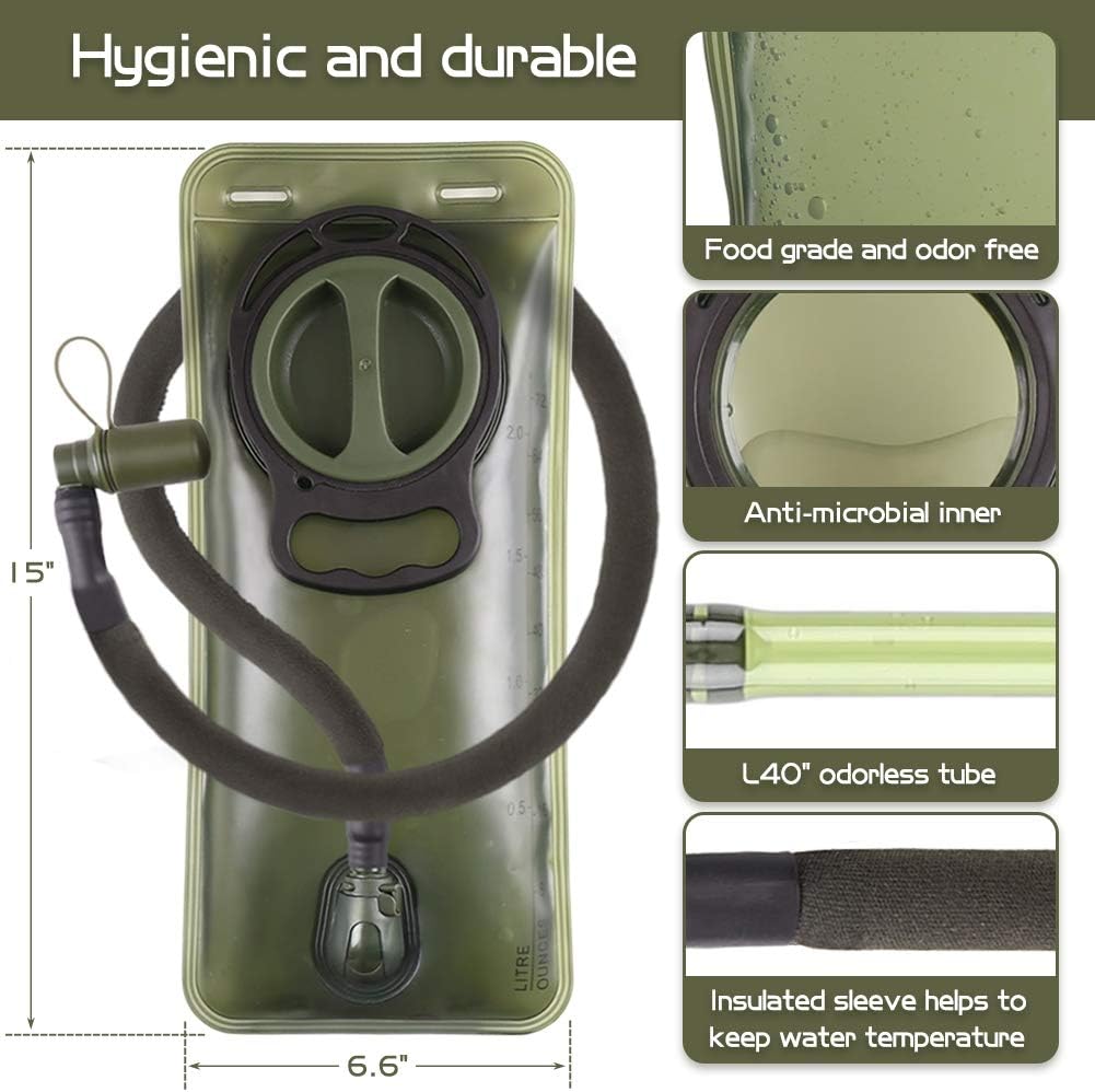 Hydration Bladder 2L Leakproof 2 Liter Water Reservoir, BPA Free Military Green Water Storage Bladder Bag with Insulated Tube, Hydration Backpack Replacement for Outdoor Hiking Camping Running Cycling : Sports & Outdoors