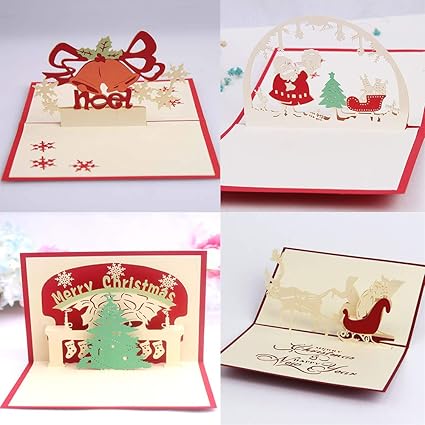 Disegni Di Natale 3d.Jinsu 3d Pop Up Biglietto Natalizio Di Auguri 4 Pezzi Misto Cartoline Di Natale Con Buste Per Natale E Capodanno Albero Di Natale Pupazzo Di Neve Campana Babbo Natale Disegni Inclusi Amazon It