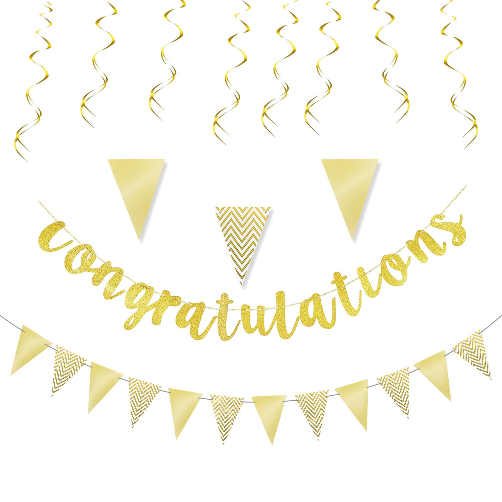TSHAOUN 10 Pcs Gold Congratulations Graduation Banner Triangle Flag Banner, Congrats Grad Banner Glitter Decoration for Wedding Retirement Graduation Anniversary Baby Shower Party Decorations (Gold)