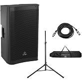 Behringer DR112DSP Active 1200W 12" PA Speaker System with DSP &amp; 2-Ch Mixer, Bundle with Turnstile Audio Speaker Stand, XLR M to F Cable 25'