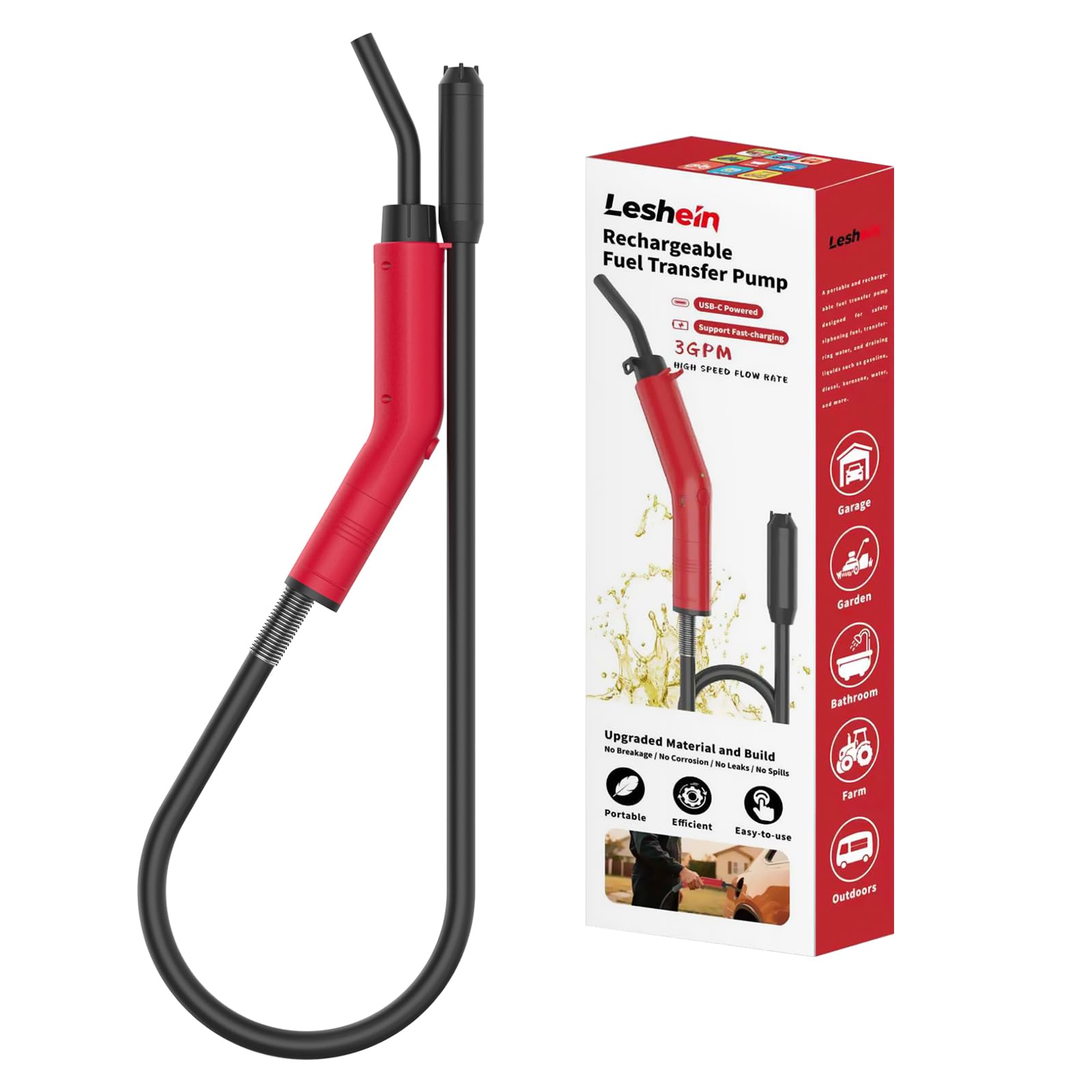 Leshein Fuel Transfer Pump 3GPM, USB Rechargeable Electric Siphon