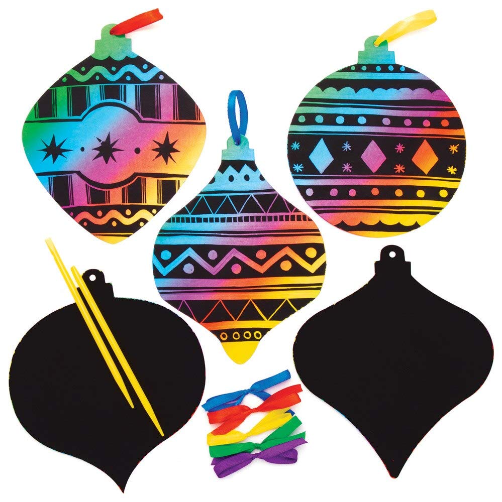 Baker Ross AT197 Bauble Scratch Art Decorations - Pack of 10, Scratch Cards for Colourful Christmas Decorations, Great Christmas Crafts for Kids