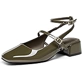 Coutgo Womens Mary Jane Chunky Low Heels Closed Square Toe Ankle Strap Pumps Wedding Party Dress Shoes