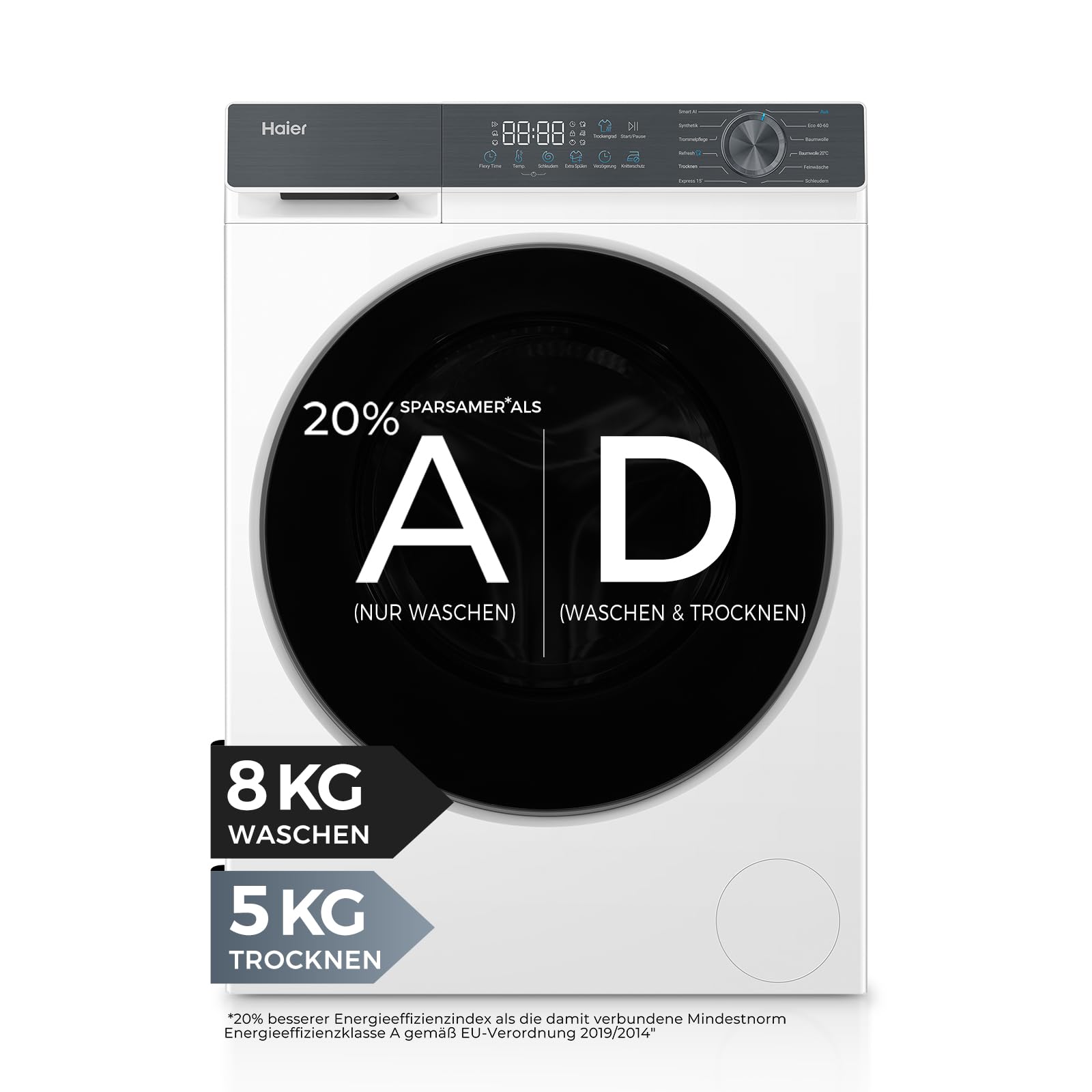 Haier Waschtrockner 8/5 kg (Waschen/Trocknen) I G3 Serie I A -20% (Waschen), 1.400 U/Min., leiser Inverter-Motor, Automatik- und Expressprogramm, Aquastop, Hygiene-Technologien I HWD80-BP14637T