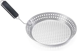 Outset Stainless Steel Grill Skillet with Removable Handle, Round BBQ Pan with Holes