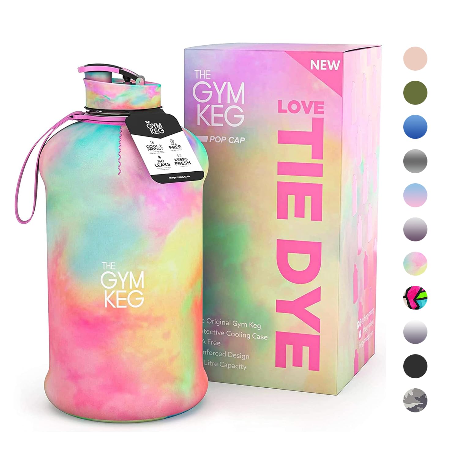 The Gym Keg Official Sports 2L Water Bottle (2.2 L) Insulated Sleeve - Carry Handle - Fitness, Exercise, Large Gym 2 litre Water Bottle - 40% Thicker Plastic (Love Tie Dye)