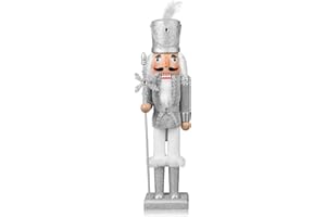 ArlinaL Wooden Christmas Soldier Nutcracker Decorations, 15 Inch Nutcracker Figure Christmas Decor for Shelves and Tables (Silver)