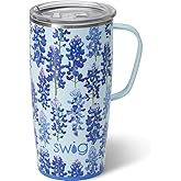 Swig Life 22oz Travel Mug, Insulated Tumbler with Handle and Lid, Cup Holder Friendly, Dishwasher Safe, Stainless Steel, Travel Coffee Cup, Insulated Mug with Lid (Bluebonnet)