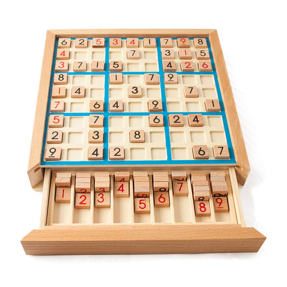 Lixada Wooden Sudoku Puzzle Board Wood Sudoku Game Set with Drawer Math Brain Teaser Desktop Toys