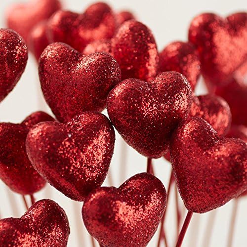 Group of 24 Red Glitter Foam Heart Picks for Decorating, Valentines, and Events