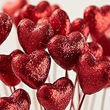 Group of 24 Red Glitter Foam Heart Picks for Decorating, Valentines, and Events