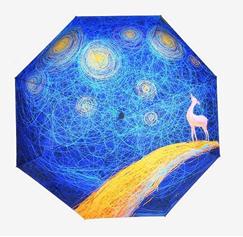REALBRELLA 3 Folding Designer Umbrella , Compact Waterproof, Windproof, Anti-UV Fiberglass Travel Umbrella Rain Umbrella Sun Umbrella with LED Flashlight Handle Outdoor Use for Women (Blue)