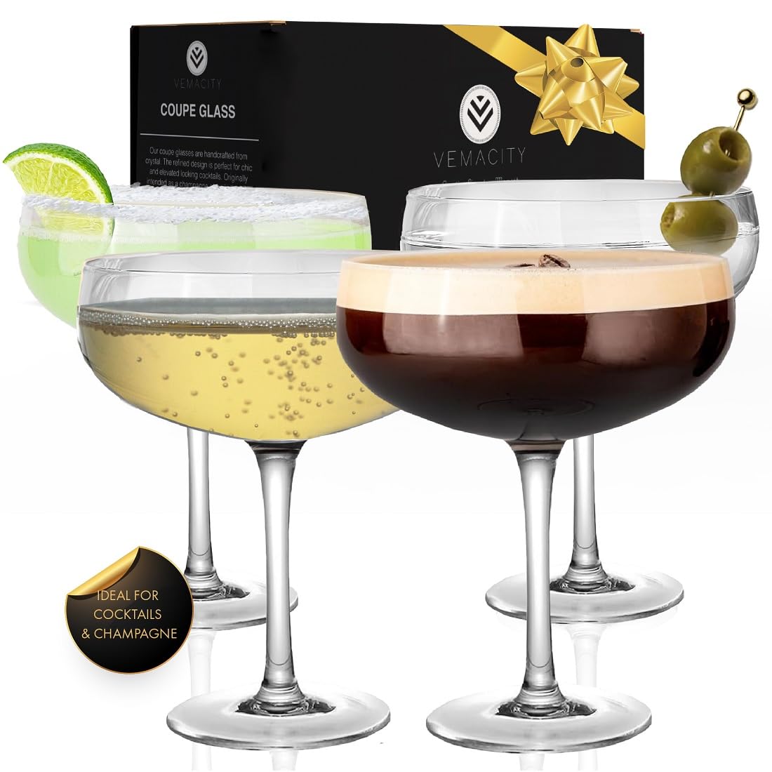 Photo 1 of VEMACITY - Elegant Espresso Martini Glasses Set of 4 - Classic 10oz Coupe Glasses for Martinis, Champagne, Margaritas, and More - Handblown Crystal Cocktail Glassware - Wedding Gift, Gift Sets