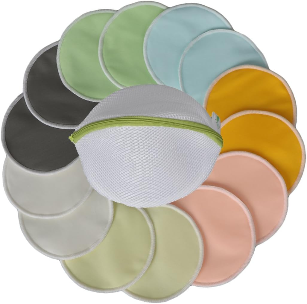 Big Sale Washable Breastfeeding Pads (14-Pack) + 2 Bonuses Laundry & Travel Bags - Super Soft & Absorbent, Leak-Proof, Hypoallergenic, Breathable, 4.7in (12cm) - High Quality Eco-Friendly