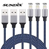 iPhone Charger Sundix Lightning Cable 3Pack 10FT Extra Long Nylon Braided Charging Cord Compatible With iPhone X 8 Plus 8 7 Plus 7 6 6S 6 Plus 5S SE iPod iPad Mini Air Pro--Blue