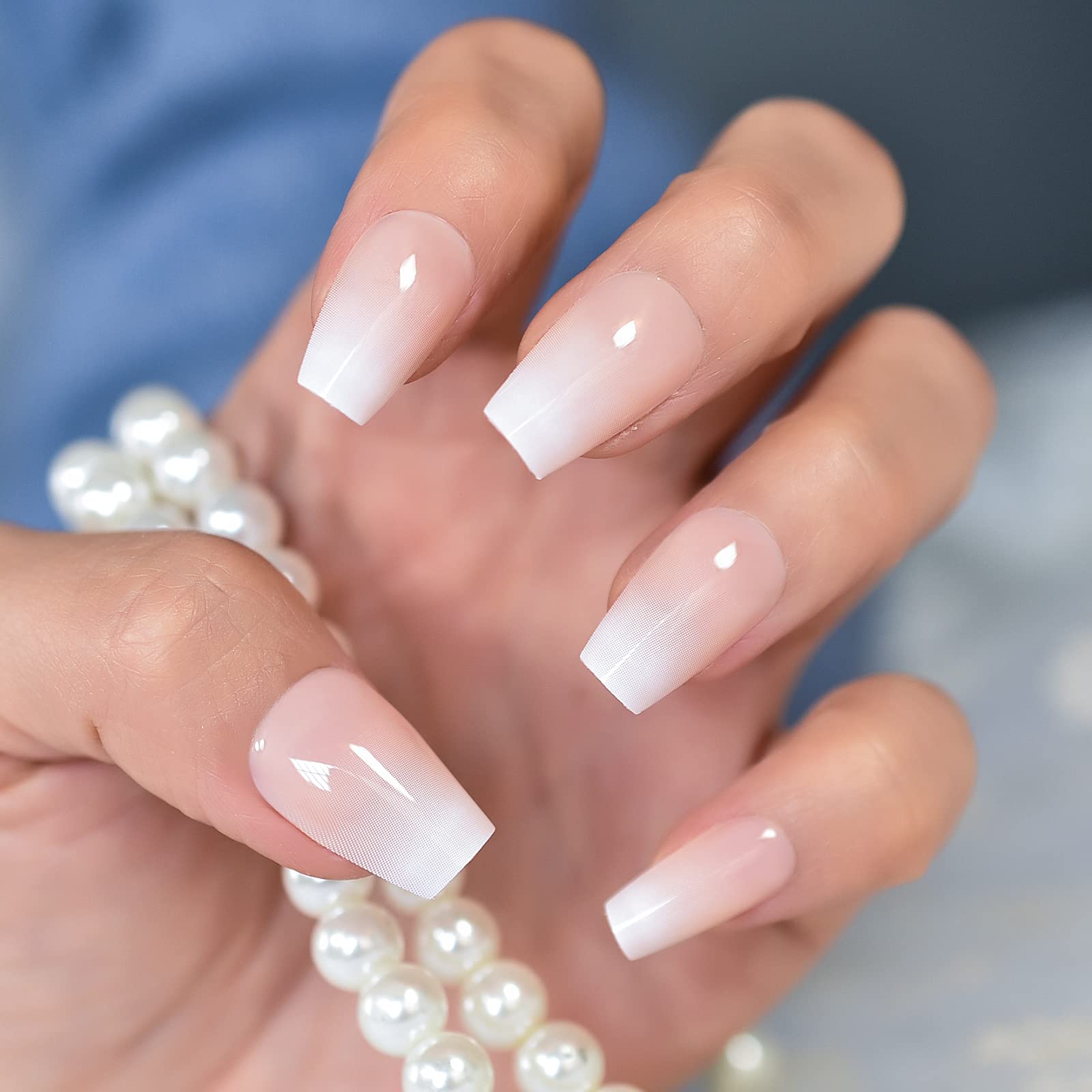 EchiQ Cherry Blossom Pink Gradient Press On Nail Wearable Artificial Acrylic Full Cover Coffin Glossy Nature Fake Nails Reusable Medium Short False Nail Art Tips for Women Girls Gift 24pcs/Set