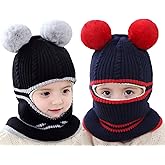 Toddler Winter Hat Baby Balaclava 2 in 1,Fleece Lined Knitted Beanie with Face Mask, Ear Flaps & Pom Pom for Boys Girls