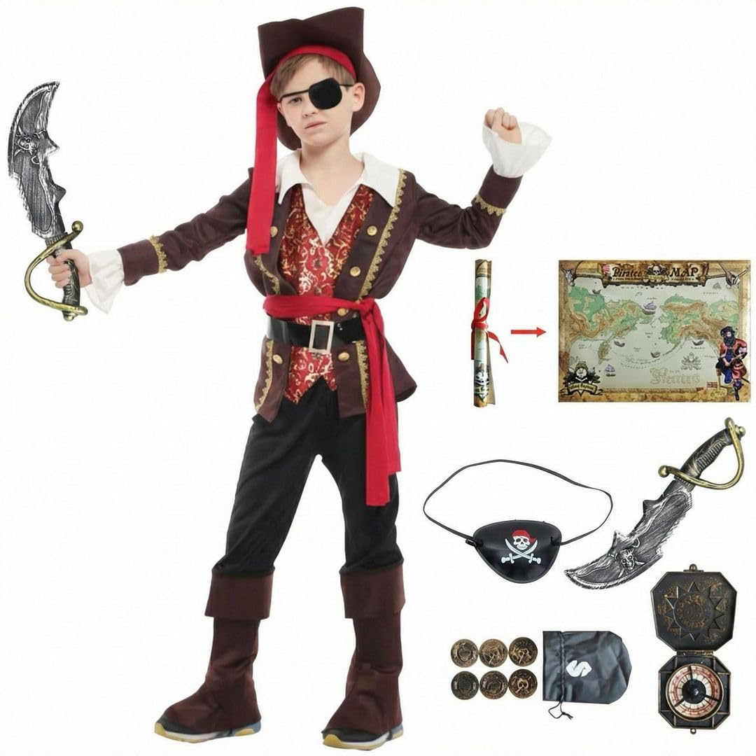 COLOR PRINCE Pirate Costume Kids - Boys Girls Dress Up Set with Pirate Hat, Plastic Sword and Accessories - Halloween Fancy Dress for Kids & Toddlers Aged 7 to 8