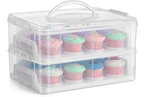 Flexzion Cupcake Carrier, Cupcake Holder for 24 Cupcakes, Portable and Reusable Rectangular Cake Carrier with Lid and Handle,