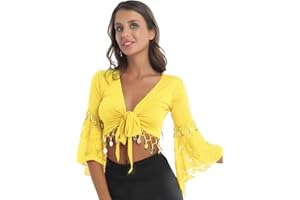 XUNZOO Women Glitter Bead Tassel Belly Dance Top Lace 3/4 Flared Sleeves Shawl Crop Tops Dancewear