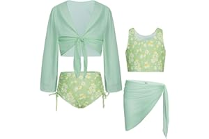 GRACE KARIN Girls 4 Piece Bathing Suit Taniki Swimsuit Tie Front Bikini Set with Kimono Cover Up 6-14