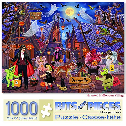 Bits and Pieces - 1000 Piece Jigsaw Puzzle for Adults 51cm x 69cm - Haunted Halloween Village - 1000 pc Haunted House Halloween Trick or Treat Jigsaw by Artist Rosiland