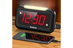 TeoTeeo Alarm Clock with Red Digits,3 Level NightLight Alarm Clocks for Bedrooms,Plug in Digital Clock with USB Charging Port,Adjustable Volume,Dimmable,Snooze,Alarm Clock for Kids