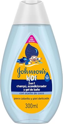 Champô Johnson's Kids para crianças, amaciador capilar e gel de banho 3 em 1 (300 ml), champô com fórmula Don't Cry Anymore, enriquecido com óleo de coco, para cabelo e pele delicada