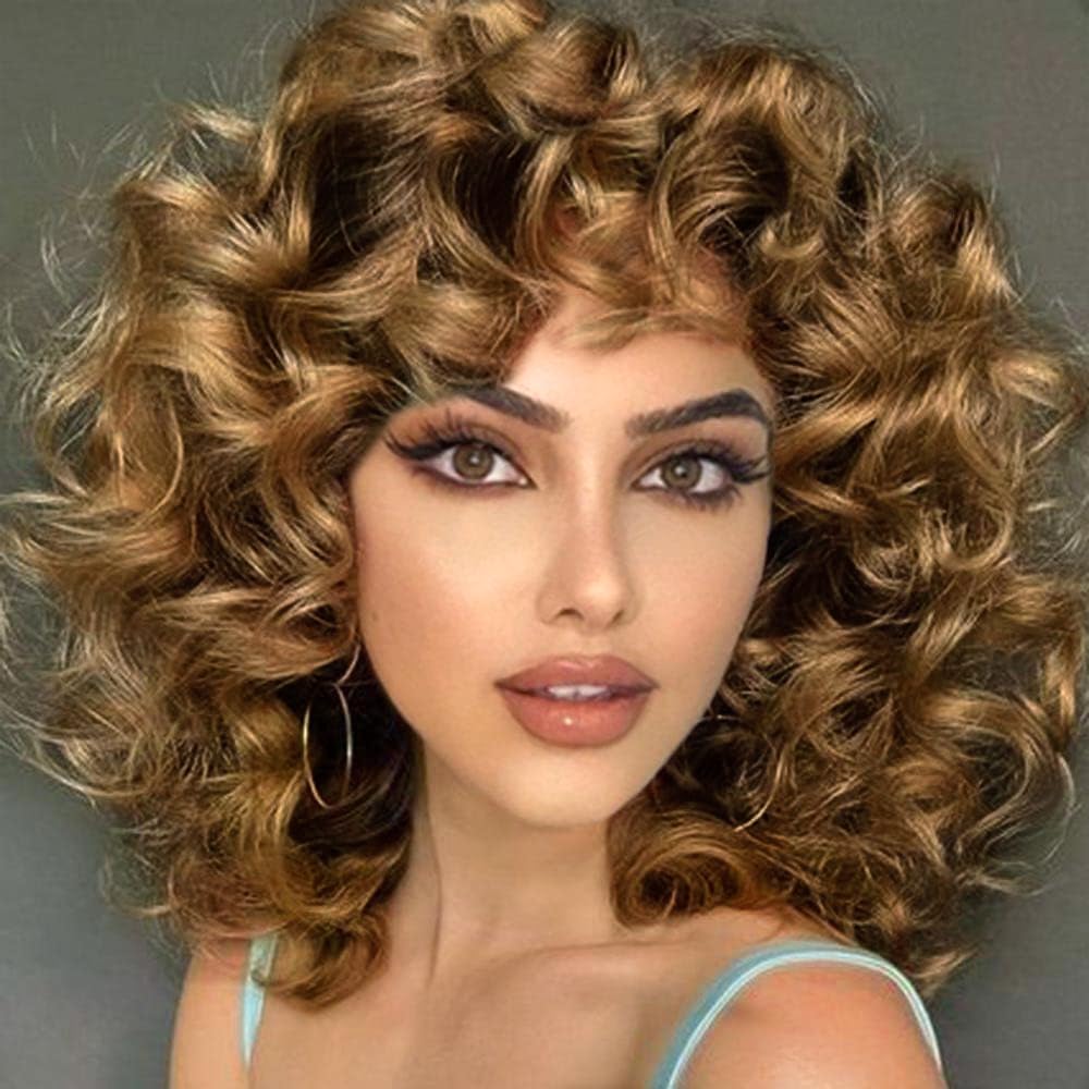 PORSMEER Brown/Blonde Curly Wigs for Women Synthetic Hair Natural Big Curly Afro Kinky Medium Wavy Bob Wig Black Women for Costume Halloween or Daily Wear — image 1