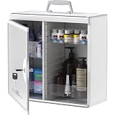 Lockbako Medicine Cabinet with Key Lock - Aluminum Wall Mount Medication Lock Box with 4 Removable Trays &amp; Handle, Secure Locking Medicine Storage Organizer for Home, School &amp; Office (Silver, Large)