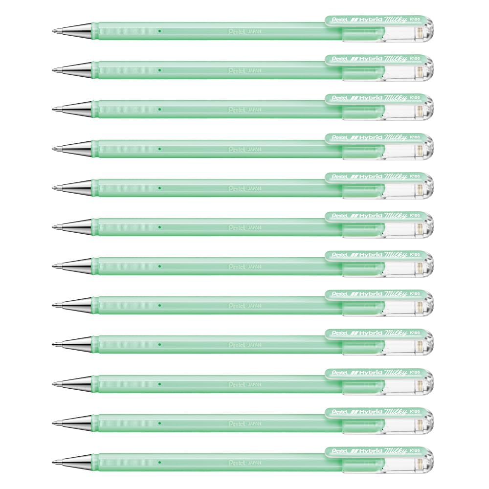 Pentel K108 Hybrid Milky Gel Rollerball Pen, Pastel Green (Pack of 12)