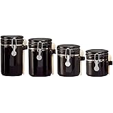 Canister Sets For The Kitchen (4 Piece Set) Black, High Gloss Ceramic By Home Basics Decorative Kitchen Set With Wooden Spoons, Countertop Set For Flour, Sugar, Coffee, and Snacks