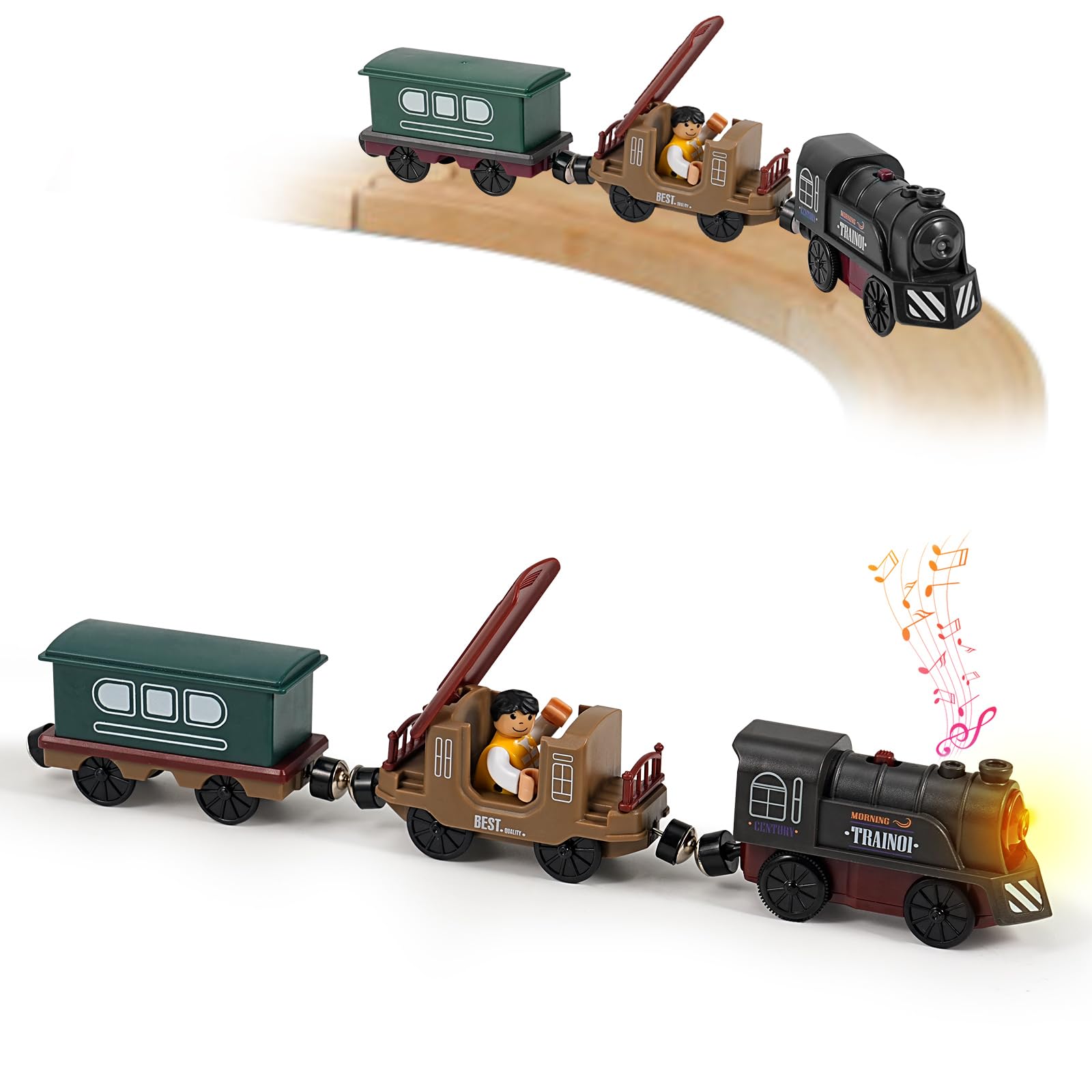 3 Pcs Train Toy Set for Wooden Track - Magnetic Retro Battery Operated Train for Wooden Track Light Up Electric Train Toys for 3 4 5+ Years Old Toddlers Kids Boy Girl Birthday Christmas Halloween
