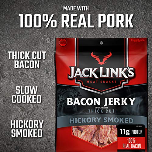 Jack Link's Bacon Jerky, Hickory Smoked, 2.85 oz. Bag - Flavorful Ready to Eat Meat Snack with 11g of Protein, Made with 100% Thick Cut, Real Bacon - Trans Fat Free