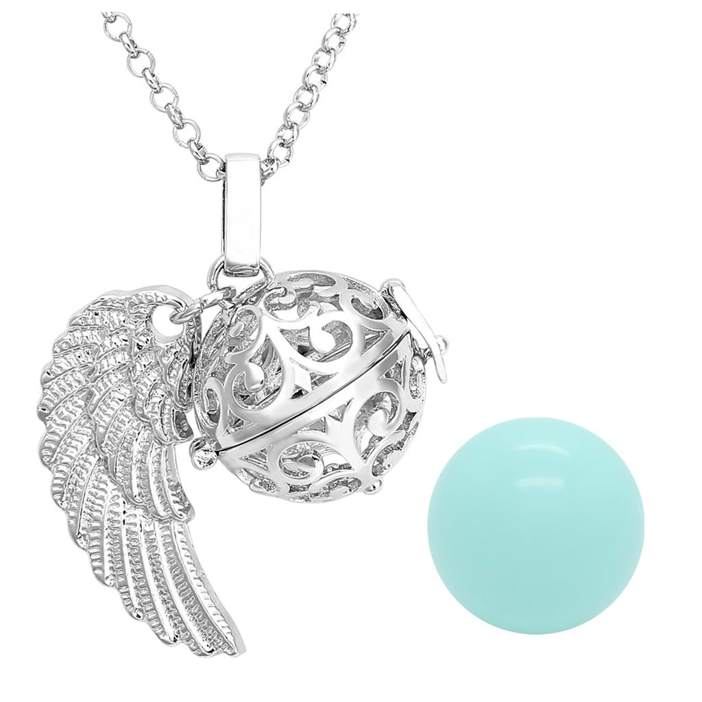 JOVIVI Engelsrufer Anhänger,Hollow Engelsflügel Käfig Locket Anhänger Halskette Ø 16mm Klangkugel mit 71cm Kette (Himmelblau)