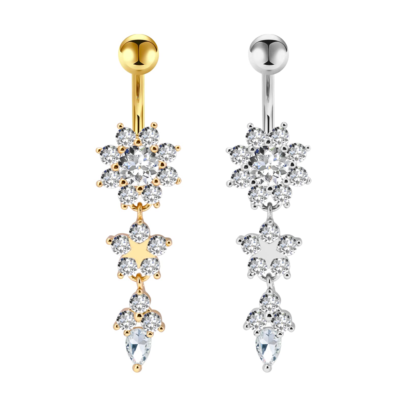 Zhichengbosi 2PCS Dangle Belly Ring, Zircon Gold Plated Navel Belly Flower button ring Body Piercing Jewellery Sets