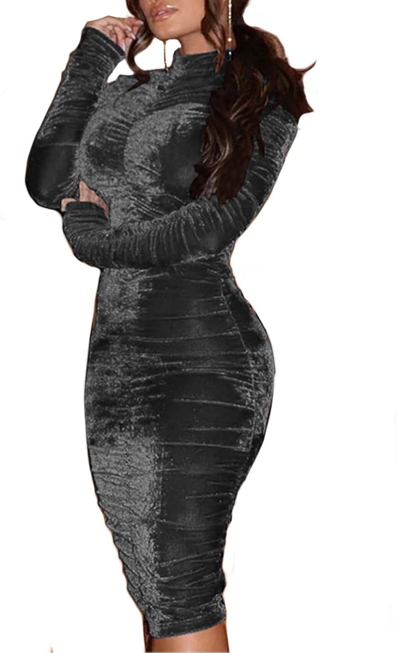 velvet high neck scrunched bodycon dress