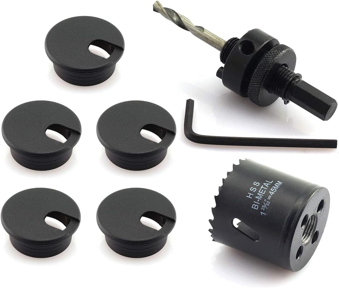 HJ Garden 5pcs 1-3/4 inch Desk Wire Cord Cable Grommets Hole Cover with Hole Saw Kit High Speed Bi-Metal Holesaw Drill Bits for Office PC Desk Cable Cord Organizer