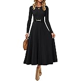 ZESICA Women's Long Sleeve Midi Sweater Dress 2026 Fall Crewneck Knit A Line Pleated Flowy Long Dresses with Belt
