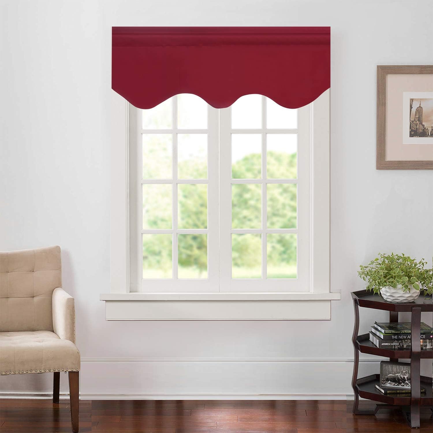 Aquazolax Blackout Scalloped Fringe Curtain Panel, 52" by 18", Polyester & Polyester Blended, Burgundy Red, Valance 52" x 18", 1 Panel