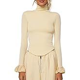 Naileksi Women Y2k Turtleneck Rib Knit Top Long Sleeve Slim Fit Ruffled Cuffs Blouse Shirt Fall Aesthetic Going Out Top