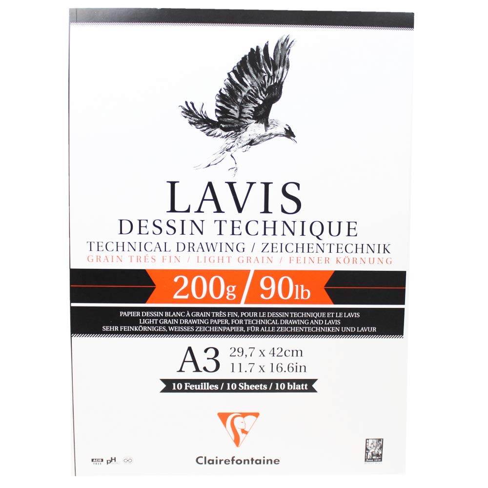 Clairefontaine - Ref 96342C - Lavis Dessin Technique Drawing Pad (10 Sheets) - A3 (420 x 297mm) Size, 200gsm Paper, Smooth Surface with Light Grain, Acid Free, pH Neutral