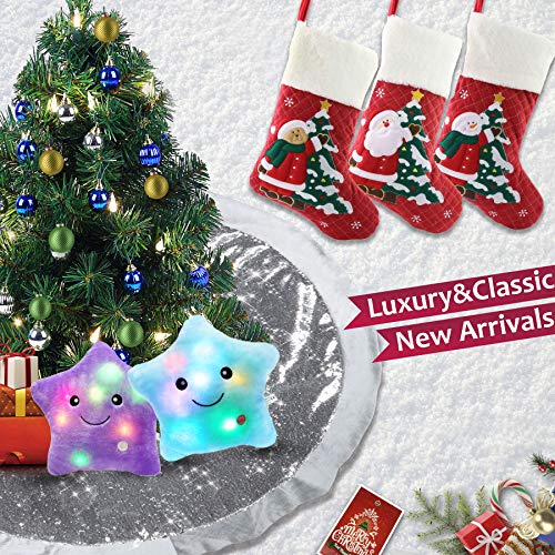 WEWILL 18’’ Diamond Christmas Stockings Set of 3 Classic Red White Plush Cuff Embroidered Snowman Reindeer Santa Claus Xmas Stockings Gift Bag Home Holiday Tree Decoration